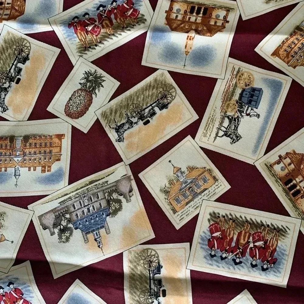 Colonial Williamsburg Square, silk scarf, maroon and gold